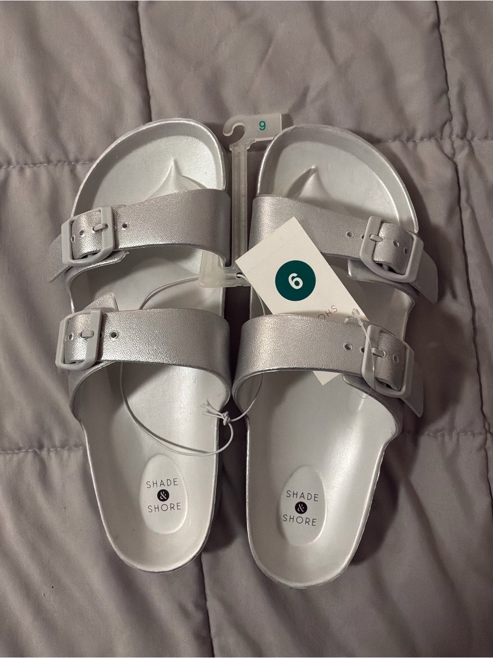 Shade & Shore Metallic Silver Adjustable Buckle Neida Two Band Sandals